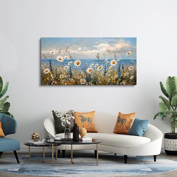 Wapluam Large Canvas Wall Art for Living Room Blue Ocean Wall Decor For Bedroom Bathroom Decoration Natural Seascape Painting Modern Office Wildflowers Artwork Pictures Home Decor Ready To Hang