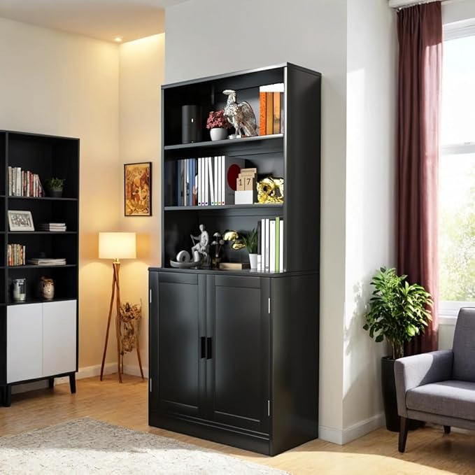 75" Tall Bookcase with Doors, 5 Tier Large Bookshelf with Cabinet, Standing Wood Display Book Shelf for Living Room, Office, Library with Doors, Black