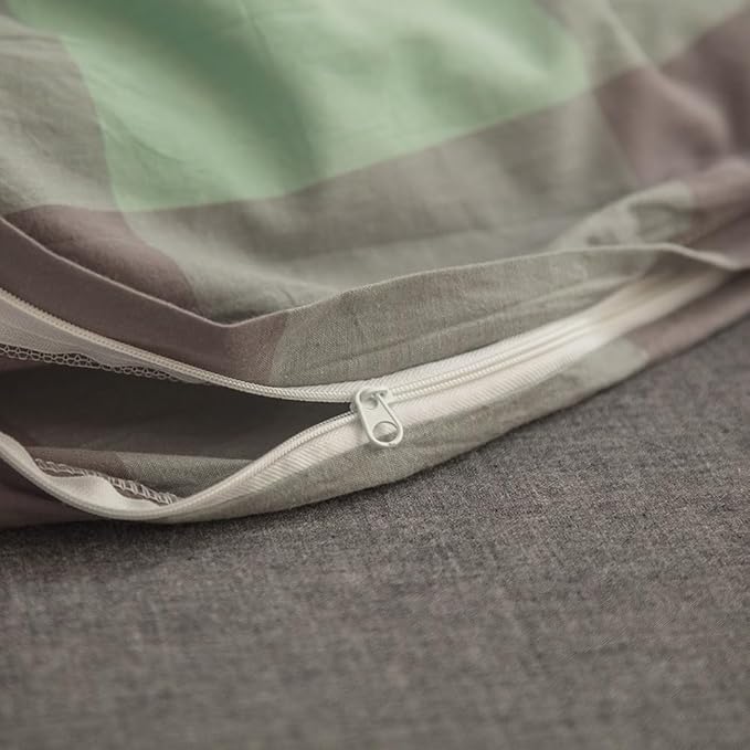 FACE TWO FACE Bedding Duvet Cover Set100% Washed Cotton Duvet Cover Linen Like Textured Breathable Durable Soft Comfy (Twin, Light Green Grid)