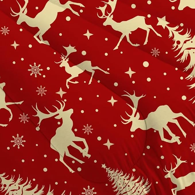 Red Christmas Elk Comforter Set Twin Cute Reindeer Snowflake Quilt 2 Piece Soft Christmas Bedding for All Seasons Kids Bed Set with 1 Comforter + 1 Pillowcase