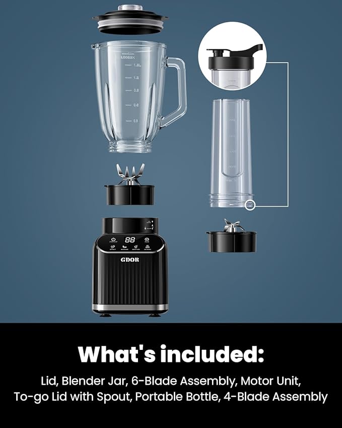 GDOR Professional Blender for Smoothies, 5 Functions, 1200 Peak Watts Smoothie Blender, 52 Oz Glass Jar & 24 Oz To-Go Cup Combo, Blenders for Smoothies, Ice and Frozen Fruit, Self-Cleaning