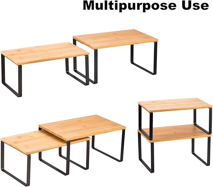 MOOACE Kitchen Cabinet and Counter Shelf Organizer, Stackable & Expandable, Set of 4, Black and Natural