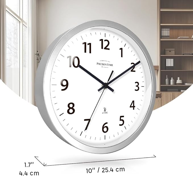Presentime & Co 10" Atomic Wall Clock, Silent no Ticking, Automatically Sets Itself and Adjust to Daylight Saving Time by WWVB - Faux Stainless Steel Finish. (Home Office)