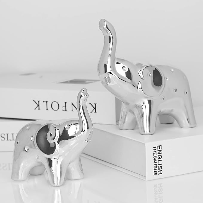 A Pair Elephant Statue Home Decor,Modern Style Figurines,Sculpture for Office Desktop Bookshelf Living Room (Ceramics Silver)