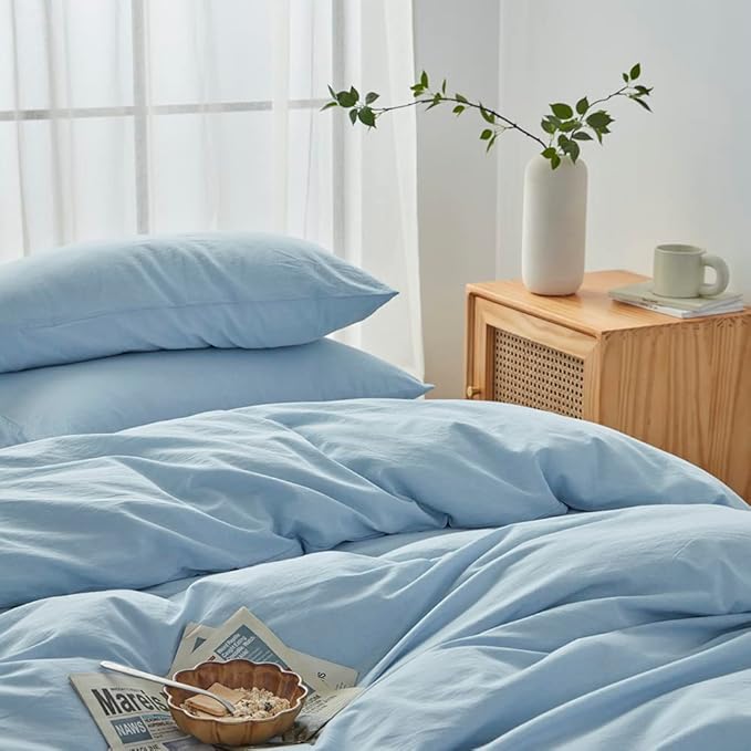 FACE TWO FACE Bedding Duvet Cover Set100% Washed Cotton Duvet Cover Linen Like Textured Breathable Durable Soft Comfy (California King,Light Cyan)