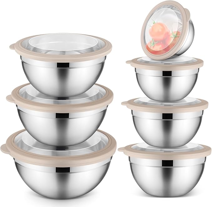 E-far Stainless Steel Mixing Bowls with Airtight Clear Lids Set of 7, Metal Nesting Bowls for Kitchen Prep, Baking, Cooking, Serving, Salad, Dishwasher Safe, Size 4.6, 3.5, 3, 2, 1.5, 1, 0.7QT, Khaki