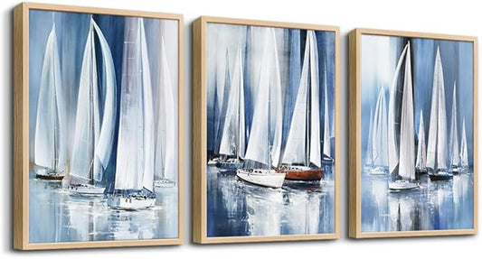 Natural Wood Framed Wall Art For Living Room Wall Deco For Bedroom Office Decor Wall Hanging Decor Abstract Seascape Painting Sailboat Pictures Artwork Home Decorration 3 Piece Framed Art Prints