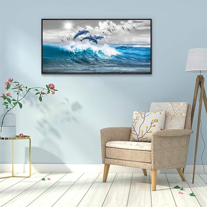 Wapluam Black Framed Wall Decor For Living Room Large Wall Art For Bedroom Blue Waves Of The Sea Wall Pictures Artwork Modern Office Canvas Art Print Dolphins Wall Paintings Ready To Hang 20 X 40