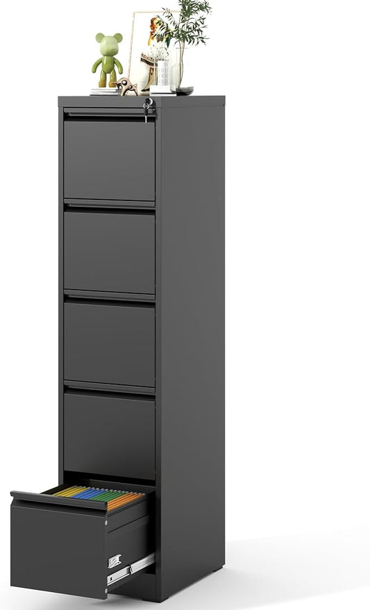 File Cabinet, Vertical File Cabinets with Lock for Home Office,Heavy Duty Office Steel Filing Cabinet for Hanging Letters/Legal/A4, Assembly Required (Black, 5 Drawers)