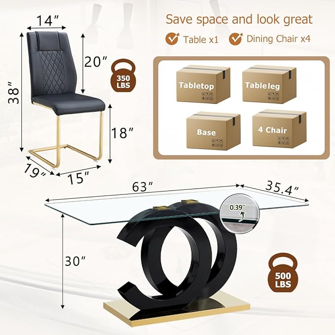 63'' Glass Dining Table Set for 4, Kitchen Table Chairs Set of 4, Clear Glass Dining Table with Black unique design Leg and Gold Metal Base, 4 PU Dining Chairs with Metal Legs, Living Room, Kitchen.
