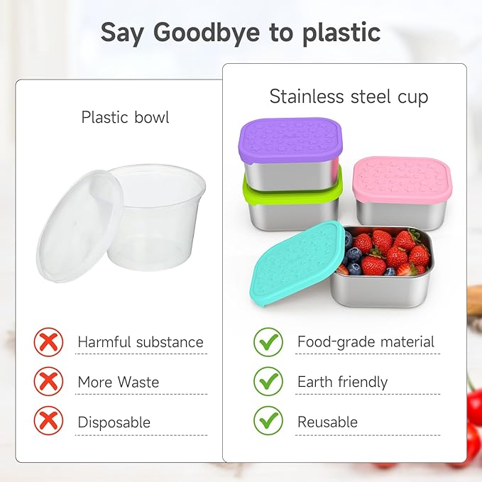 SOPHICO Stainless Steel 14 OZ Snack Containers for Kids，Food Storage Container with Silicone Lid - Perfect 304 Metal Toddler Lunch Box for Daycare and School, Leak Proof (MIX, 4 PACK)