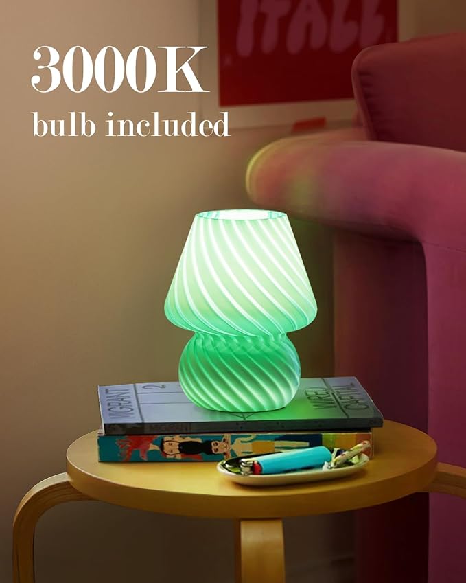ONEWISH Mushroom Lamps Set of 2 - Small Table Lamp with Striped Glass, Nightstand Lamp for Bedroom, Living Room, Cafe, Office, Bulb Included, for Birthday Christmas Thanksgiving Day, Sage Green