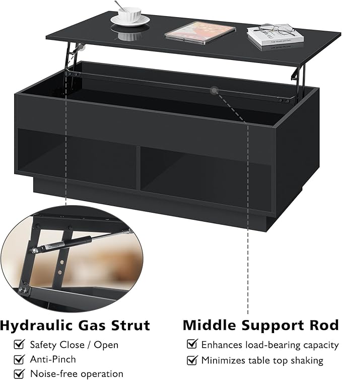 LED Coffee Table Black Lift Top Coffee Table with Storage Modern Tea Table with Hidden Compartment Lift Up Dining Center Table with LED Light for Living Room Home Office