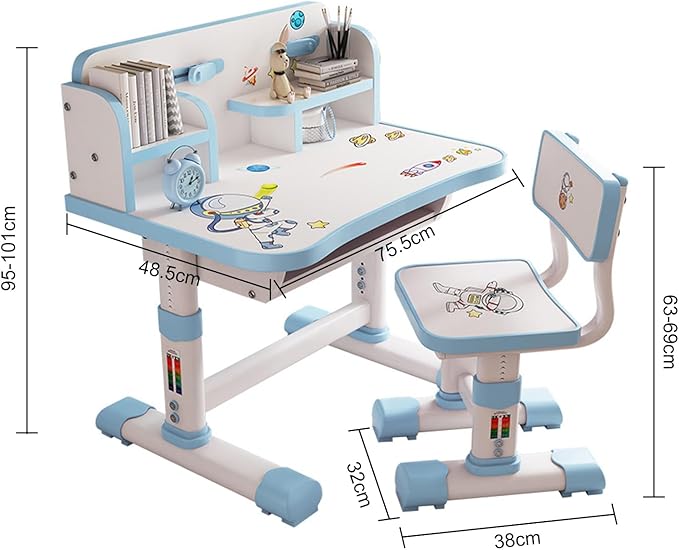 Kids Functional Desk and Chair Set, Height Adjustable Children School Study Table Chair Set with Cartoon Pattern, Ergonomic Desk Chair with Large Writing Board, Bookshelf and Book Bucket