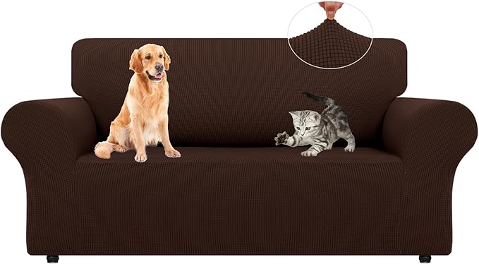 LURKA Stretch Loveseat Sofa Slipcovers 1 Piece Couch Covers for Sofa Furniture Protector Full Sofa Covers with Elastic Bottom for Kids and Dog (Medium, Chocolate)