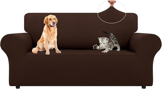 LURKA Stretch Loveseat Sofa Slipcovers 1 Piece Couch Covers for Sofa Furniture Protector Full Sofa Covers with Elastic Bottom for Kids and Dog (Medium, Chocolate)