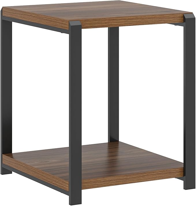 FOLUBAN Modern End Table, Square Side Table with Storage Shelf for Living Room, Rustic Wood Night Stand for Bedroom, Walnut
