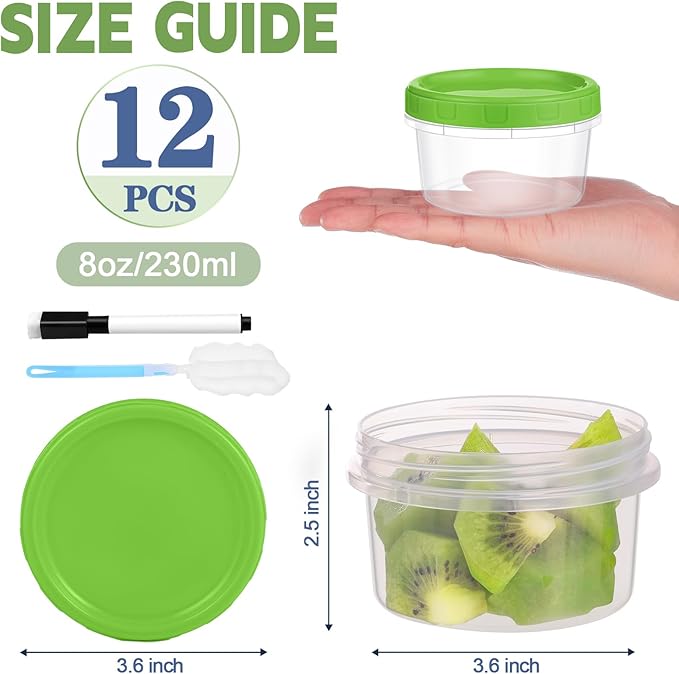 8 oz Plastic Containers with Lids, 12 Pack Stackable Small Freezer Container, Reusable Clear Food Storage Meal Prep Containers for Snack Fruit, Microwave & Dishwasher Safe, with Pen & Brush
