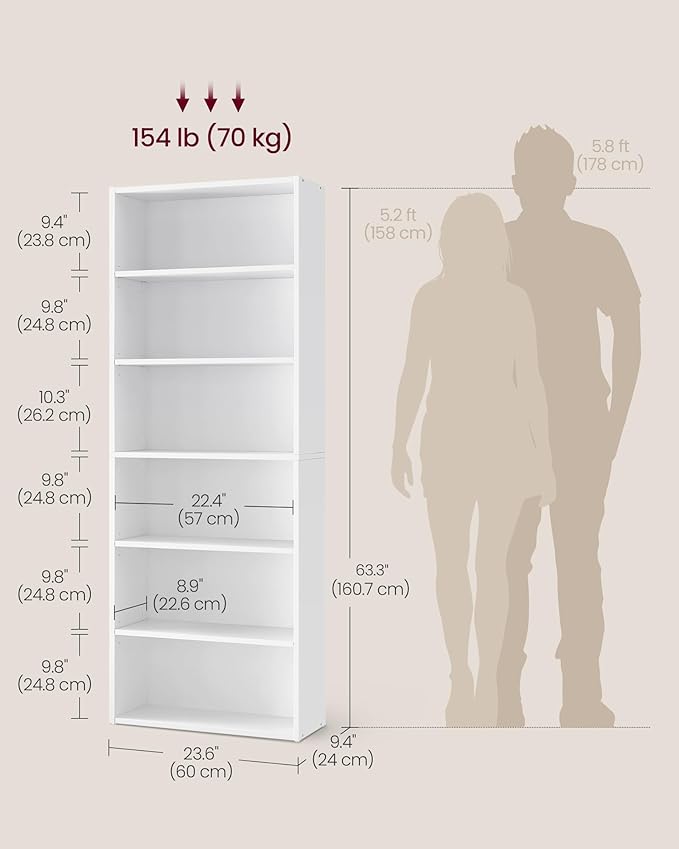 VASAGLE CUSTOS Collection - Bookshelf, 6-Tier Bookcase, Book Shelf, Open Storage Shelf, 9.4 x 23.6 x 63.3 Inches, for Living Room, Home Office, Dinning Room, Cloud White ULBC166T14