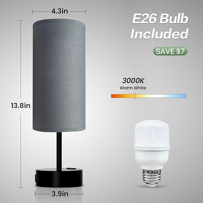 KPQ Small Bedside Lamp Touch Control Table Lamp with USB A+C Charging Ports & AC Outlet 3-Way Dimmable Nightstand Lamp with Linen Fabric Shade for Bedroom Living Room