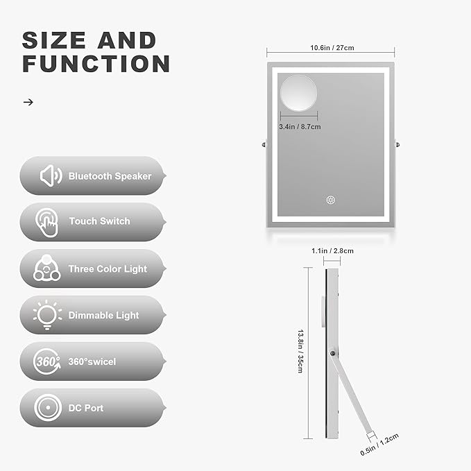 Hasipu Vanity Mirror with Lights and Bluetooth Speaker, 10.6" x 13.8" LED Makeup Mirror with 10X Magnification, Smart Touch 3 Colors Dimmable, Brightness Adjustment, 360° Rotation, White