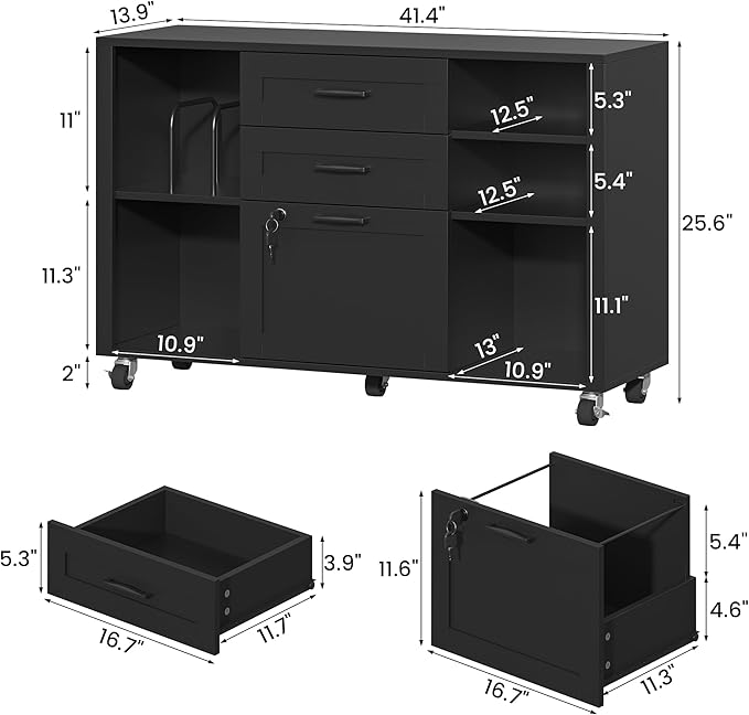 Semoic 3 Drawer Wood Lateral File Cabinet with Lock, Rolling Mobile Filing Cabinet with Open Storage Shelves, Printer Stand Office Storage Cabinet for Home Office Fits Files Legal/A4 Size, Black