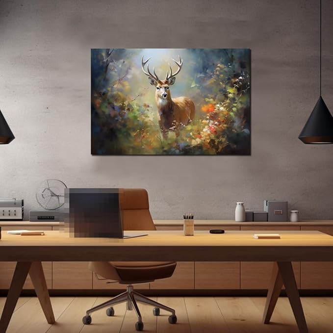 Deer Wall Art Decor Elk Canvas Pictures Forest Landscape Theme Art Print Wildlife Canvas Artwork for Living Room Watercolr Animal Canvas Art for Bedroom Bathroom Home Office Decorations(24"×36")