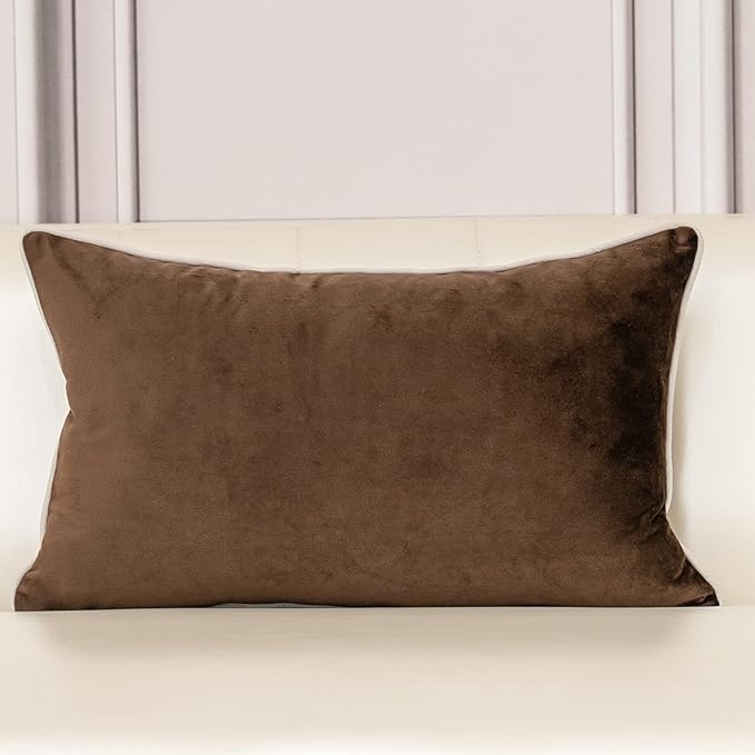 Aeckself European Floral Pillow Cover 12x20 Inch, Luxury Velvet Embroidered Decorative Lumbar Throw Pillow Cover for Couch Bedroom Living Room, Brown and White