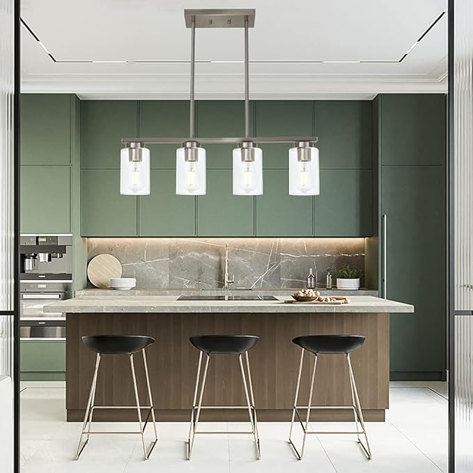 Modern Kitchen Island Light with Clear Glass Shades, 4-Lights Hanging Lighting Fixtures in Brushed Nickel for Dining Room