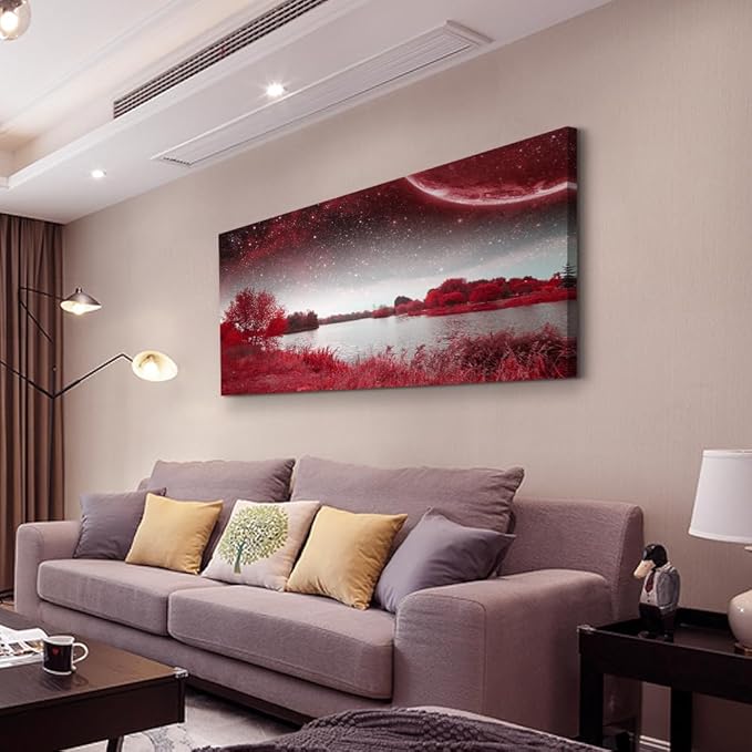 Print Artwork Wall Art Decor Poster For Living Room Red Tree Moon Starry Sky Red Landscape Painting Bathroom Wall Art For Bedroom Canvas Prints Picture Works Ready To Hang Office Home Decorations