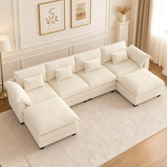COMHOMA 153" U Shaped Sectional Sofa with Movable 2 Ottomans,Comfy Cloud Modular Couch with Throw Pillows,Modern Chenille Deep Seat Sofa Couches for Living Room,Beige