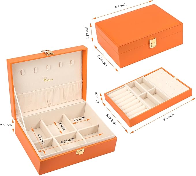 Voova Jewelry Box Organizer for Women Girls, 2 Layer Large Men Jewelry Storage Case, PU Leather Display Jewellery Holder with Removable Tray for Necklace Earrings Rings Bracelets, Vintage Gift,Orange