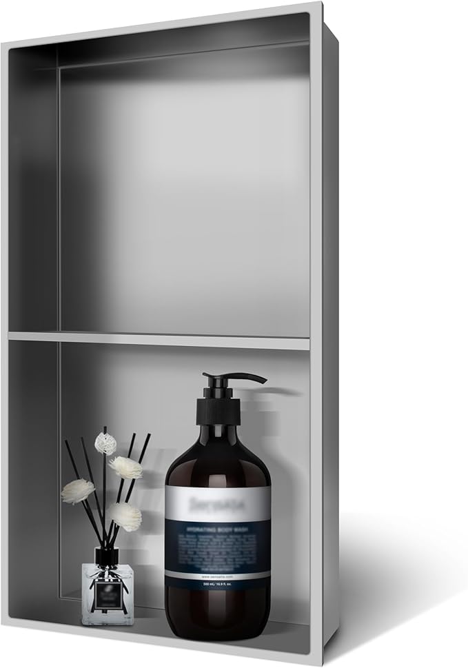 Shower Niche 9" X 25", Wall Niche with Double Shelves, Shower Niche Insert Tile Ready, Shower Caddies Bath Niche, No Tile Needed Over Mount Installation