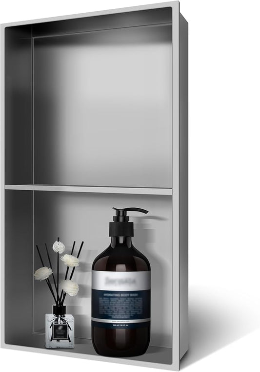 Shower Niche 9" X 25", Wall Niche with Double Shelves, Shower Niche Insert Tile Ready, Shower Caddies Bath Niche, No Tile Needed Over Mount Installation