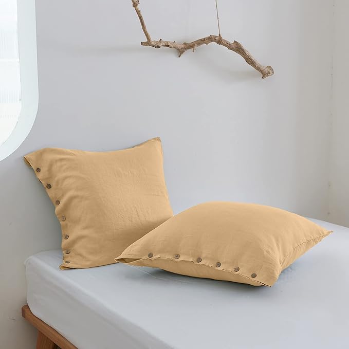 Simple&Opulence 100% Washed Linen Euro Sham Cover, 26 x 26 Inch, Decorative Bed Pillow Cover with Coconut Button, Solid Color Pillow Shams Set of 2 (Sand)
