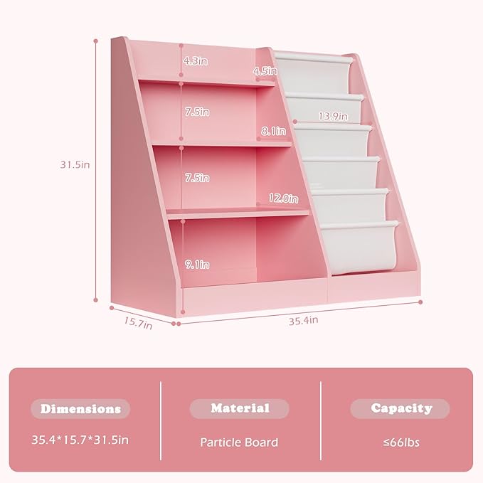 Pink 4-Tier Kids Wooden Bookshelf,5 Layer Sling Bookcase,Baby Storage Book Rack,Kids Book Toy Organizer Chest,Infant Toddler Front Facing Book Display,Playroom Classroom Nursery Church Bedroom