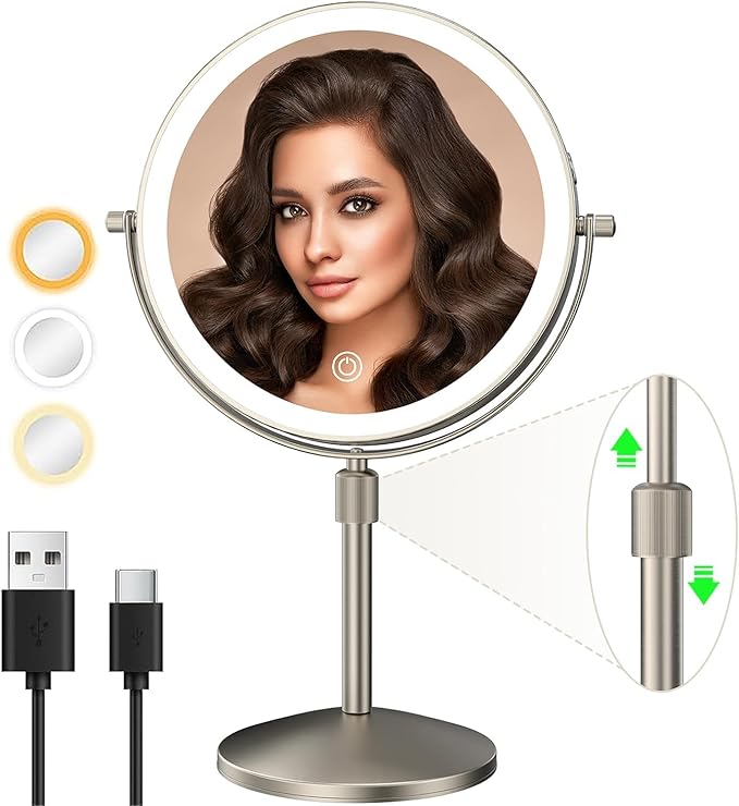 8" Lighted Makeup Mirror, 1X/10X Magnification with Light, Double Sided Dimmable, Rechargeable & Brightness & Height Adjustable, Cordless Vanity(Brushed Nickel)