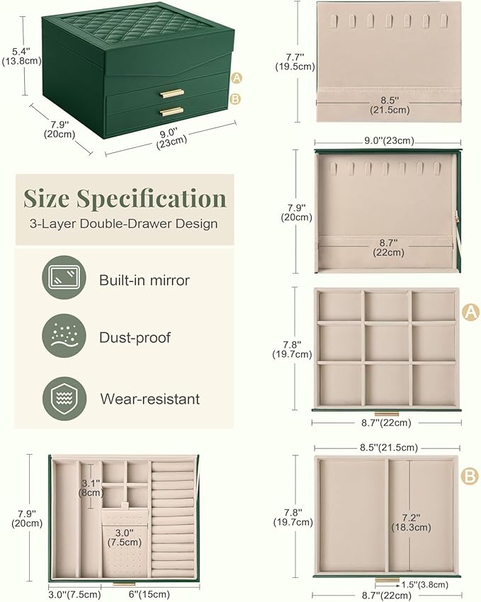 Amearea Jewelry Box Organizer for Women Girls with Mirror, 3-Layer Large Jewelry Storage Case, Synthetic Leather Jewelry Holder Organizer with Removable Tray for Necklaces Earrings Rings, Green