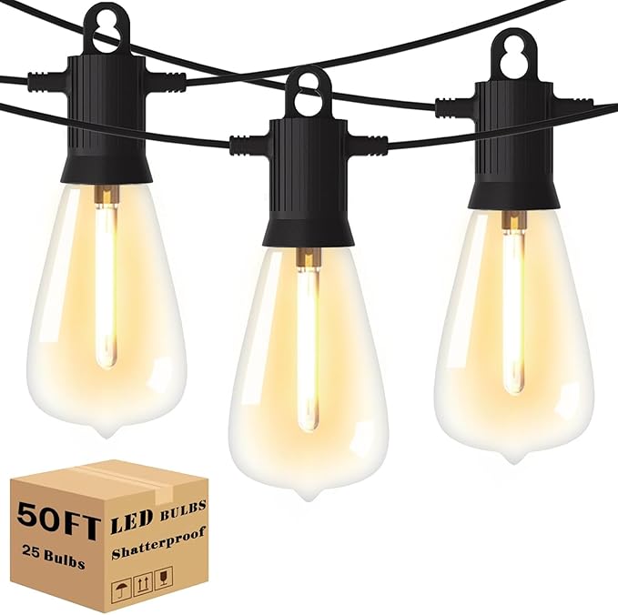 Outdoor String Lights 48 ft, LED Patio Lights with 16（15+1 Spare S14 Shatterproof Bulbs, IP 65 Waterproof, Outside Hanging Light for Cafe Bistro Backyard