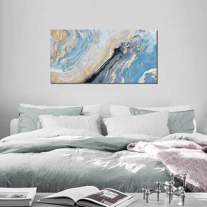 Abstract Canvas Wall Art Decor for Living Room Blue Gold Marbling Pictures Painting for Bedroom Modern Abstract Canvas Art Ptints for Office Home Decorations (24x48inches)