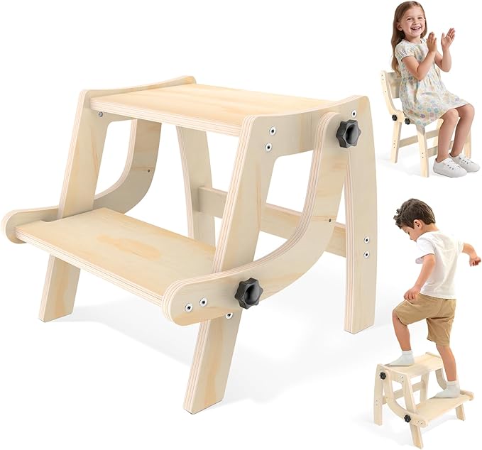Toddler Step Stool, 2 in 1 Folding Step Stool for Kids, Toddler Stool for Bathroom Sink & Potty Training, Wooden Step Stools w Non Slip Base for Kitchen, Bedroom, Turns into Kids Chair