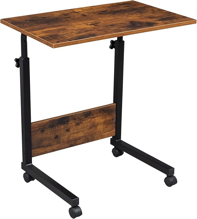 Goujxcy Sofa Side Table C Shaped End Table with Wheels, Rolling Bedside Laptop Table Snack Table TV Tray, Height Adjustable, Wooden Top & Metal Frame