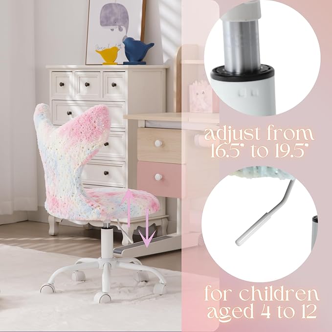 Fuzzy Desk Chair, Cute Swivel Children Desk Chair with Wheels for Kids Bedroom Upholstered Rolling Study Chair Adjustable Computer Chair Mermaid Back Vanity Chair for Teen Girls Boys, Star Colorful