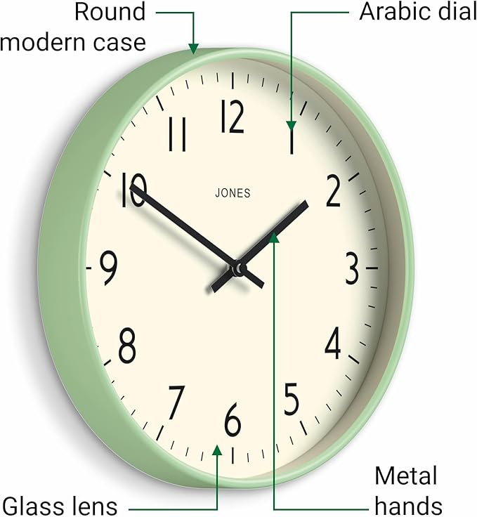 JONES CLOCKS® Studio Wall Clock | Modern Round Clock | 12 inch | Neo Mint Green | Easy to Read Numbers | Versatile Design for Kitchen, Living Room or Office