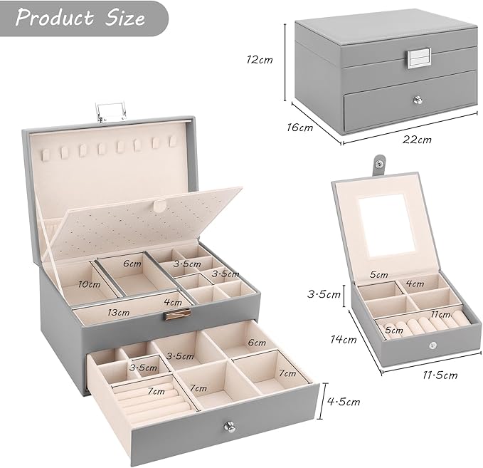 DesignSter Jewelry Organizer Box, 2 Layers Large Jewelry Box with Travel Jewelry Case, Leather Jewelry Storage Case for Rings Earrings Bracelets Necklaces (Gray)
