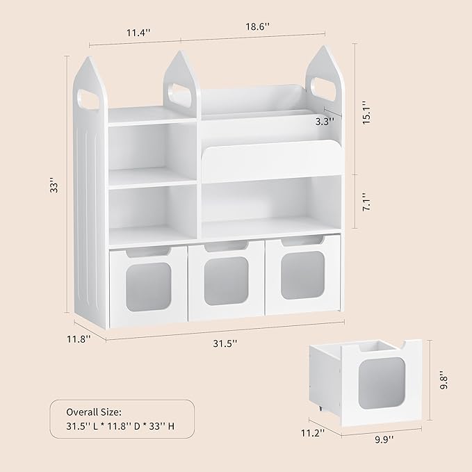 Toy Storage Organizer with 3 Movable Drawers and 3 Storage Cubby, 33.5" H Kids Bookshelf and Toy Storage，Book Shelf for Kids Room, Nursery, Playroom, Bedroom, White