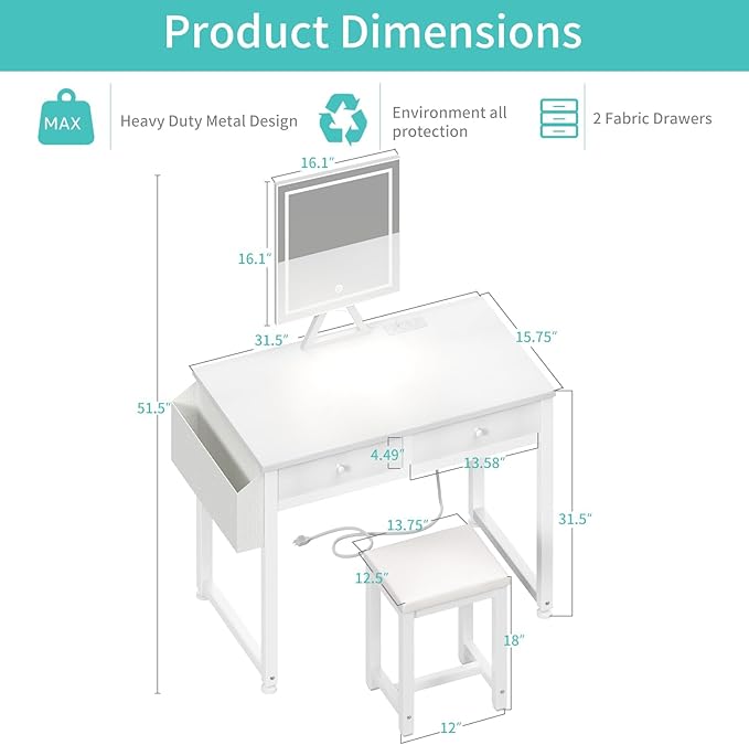 Lufeiya Small Makeup Vanity Desk with Fabric Drawers, 32 inch White Vanity Desks with Mirror and Light, Dressing Table and Chair Set with Power Outlet for Girls Bedroom, White