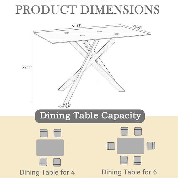 51'' Silver Glass Dining Table Set for 6,7 Piece Kitchen Table and Chairs Set with Metal Legs and 6 PU Leather Dining Chairs for Kitchen Room Small Spaces