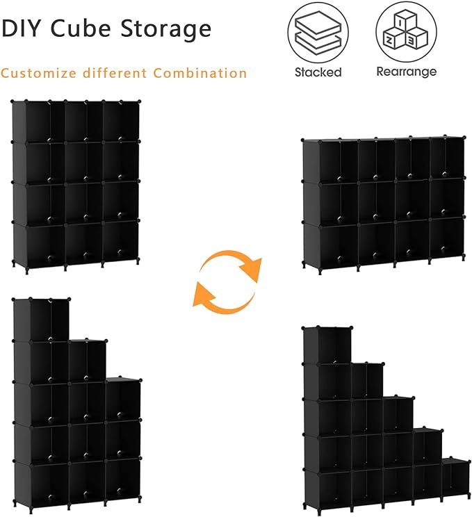 AWTATOS Cube Storage Organizer Closet Storage Shelves DIY Stackable Plastic Storage 12 Cube Bookshelf, Ideal Storage Organizer for Closet, Home, Bedroom, Black