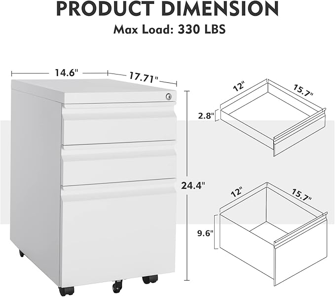 MIIIKO 3 Drawer File Cabinet, Rolling File Cabinet Under Desk, Metal Filing Cabinets for Home Office, Deep Drawers for Hanging Legal Letter Folders, Full Assembled Except Casters
